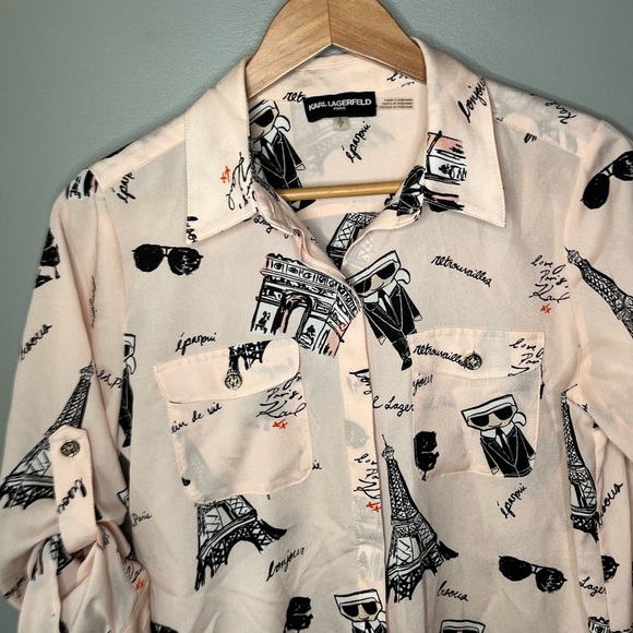 Karl Lagerfeld Paris Printed Baby Pink Button Down Top - Picture 4 of 11